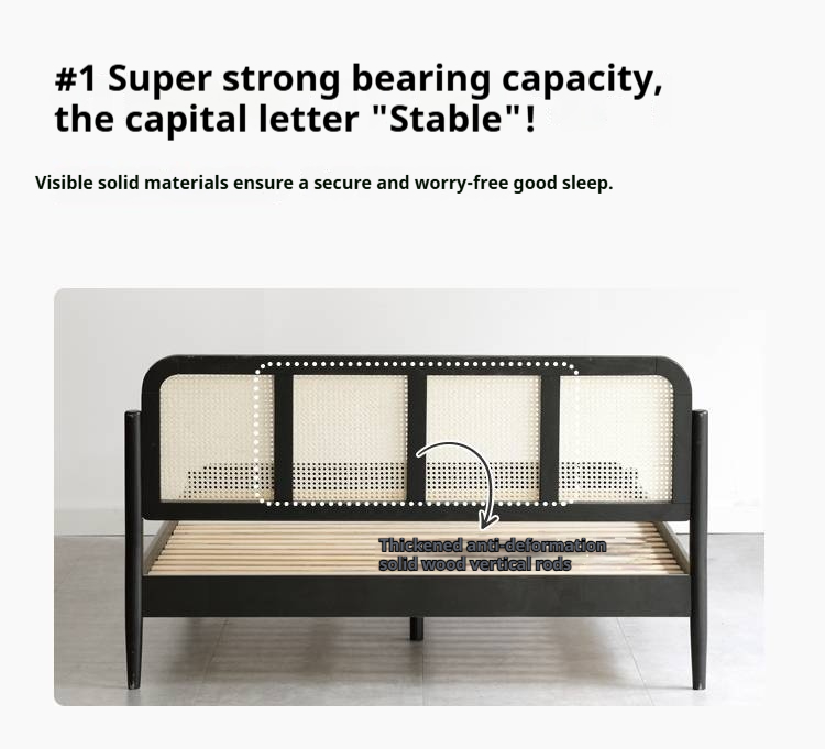 Oak Solid Wood Black Rattan Bed