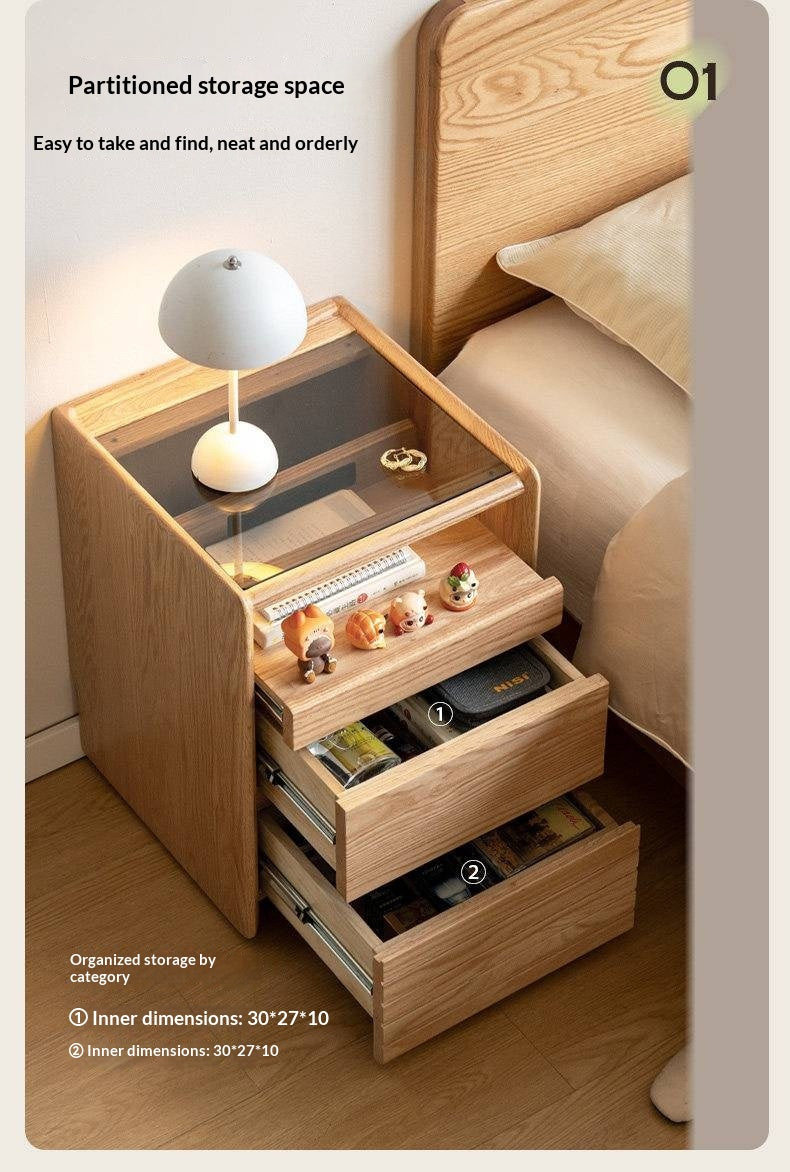 Ash Solid Wood Nightstand With Glass Top