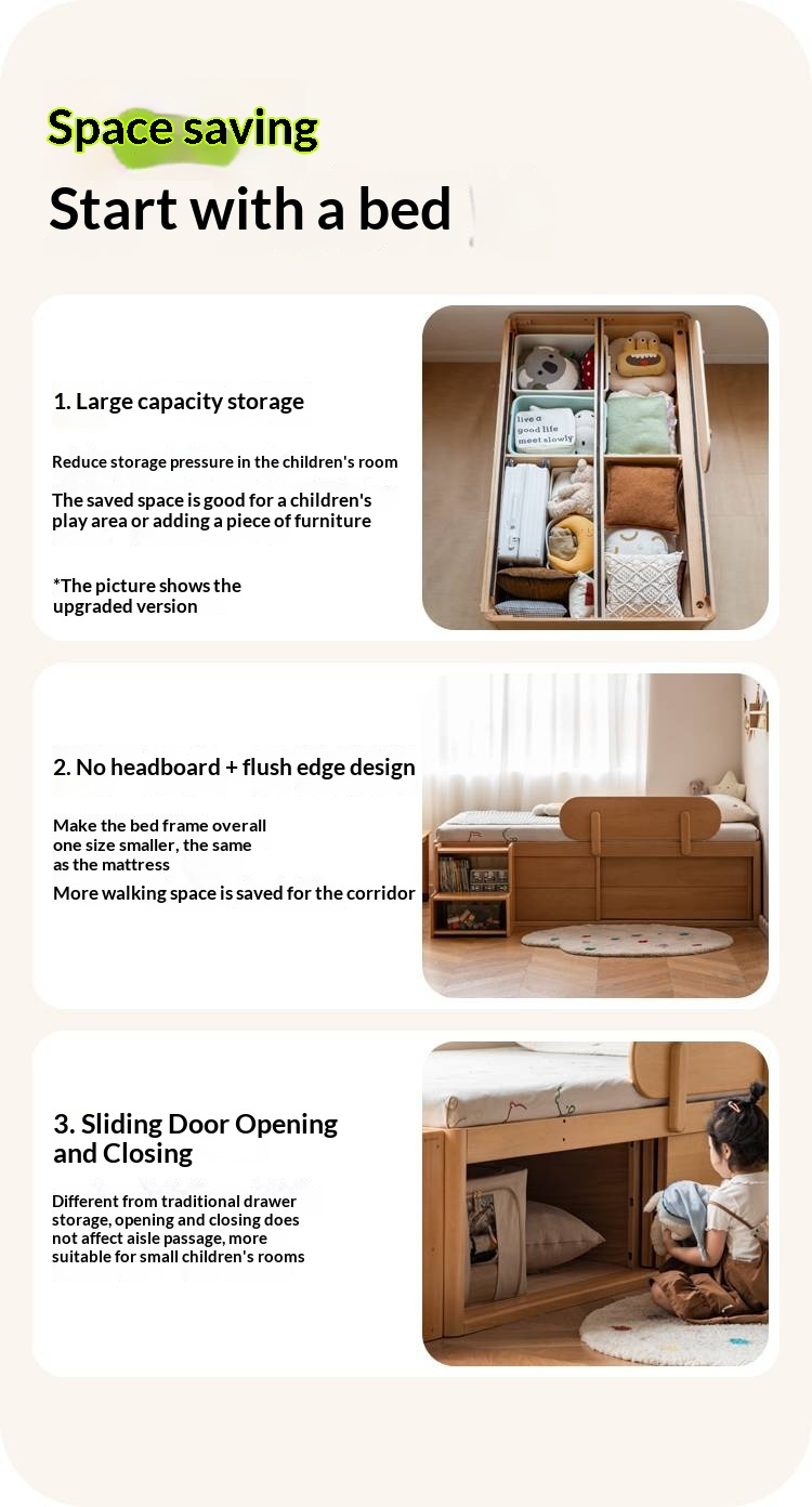 Beech, Rubberwood Solid Wood Kids’ Bed with Guardrail, Platform Bed, Headboard-Free Bed