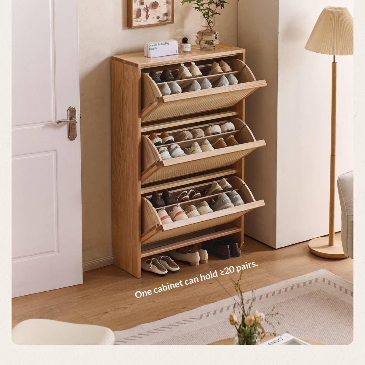 Oak Solid Wood Shoe Cabinet with Modern Minimalist Flip Door, Rattan Accents