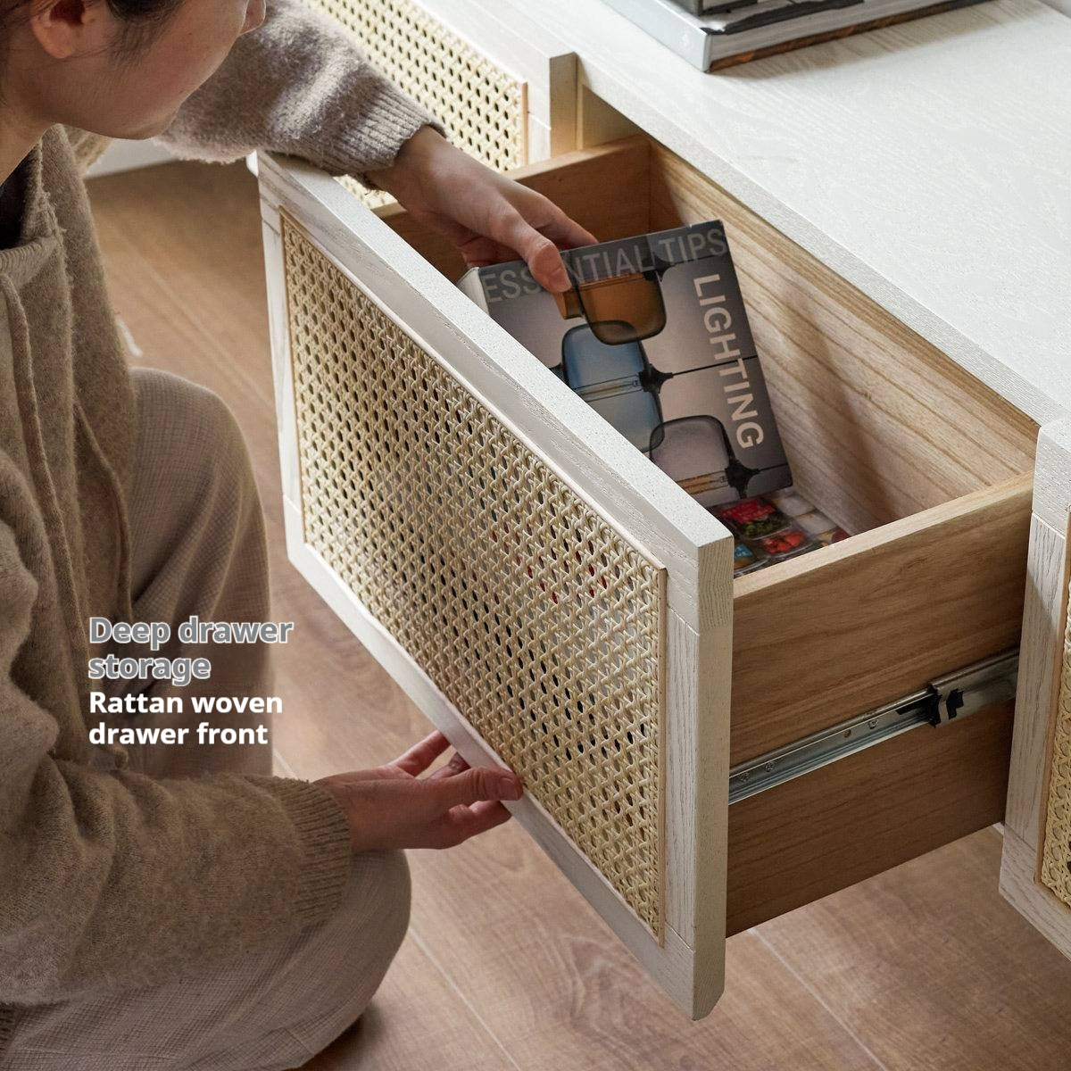 Ash Solid Wood Rattan TV Cabinet Cream Style LED Lights.