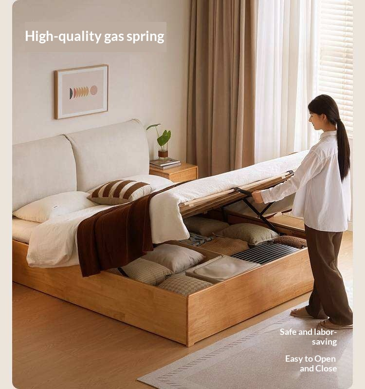 Rubberwood Solid Wood Storage Bed with Lift-Up Base and Soft Upholstered Headboard