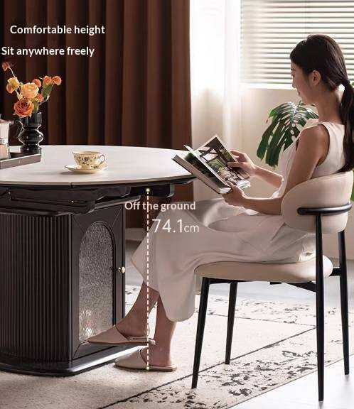 Rubberwood Solid Round Extendable Pedestal Dining Table with Stone Top and Storage Base