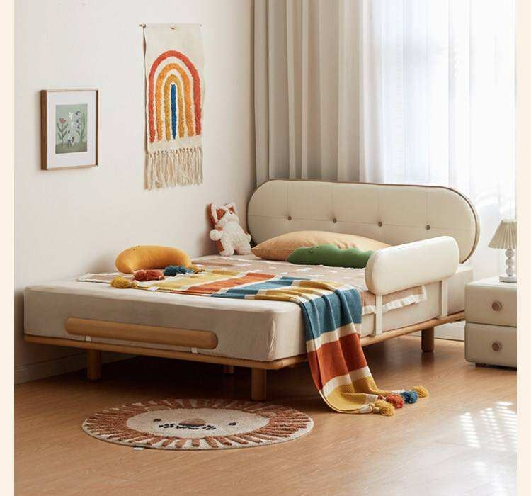 Beech Solid Wood Kids Floating Platform Bed with Upholstered Headboard and Optional Guardrails