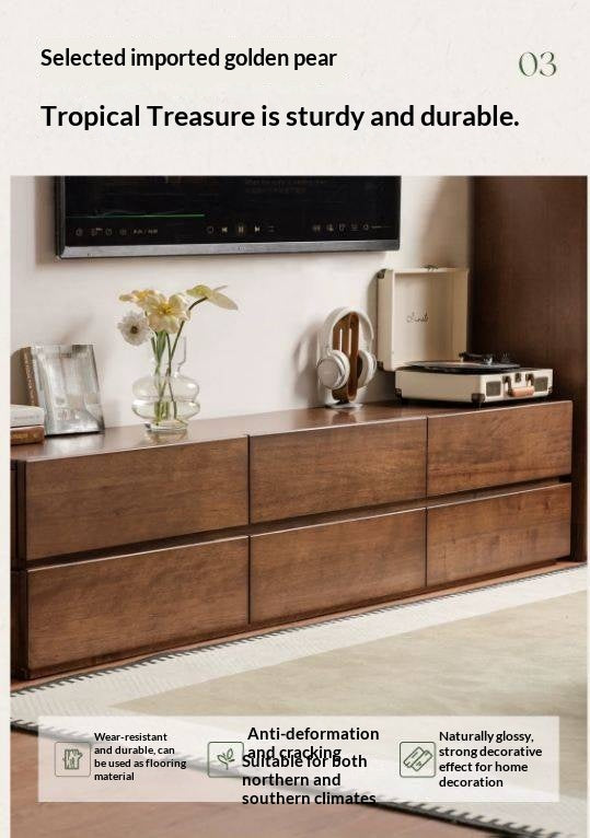 Solid Longan Hardwood Floating Media Console with Push-Open Drawers