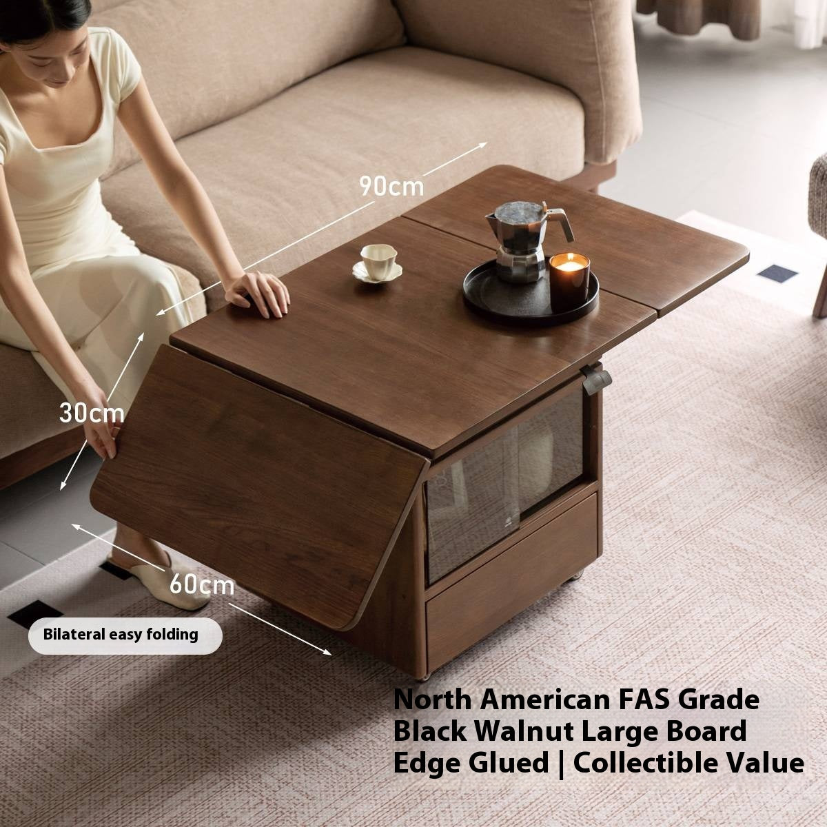 Black Walnut Solid Wood Mobile Folding Coffee Table