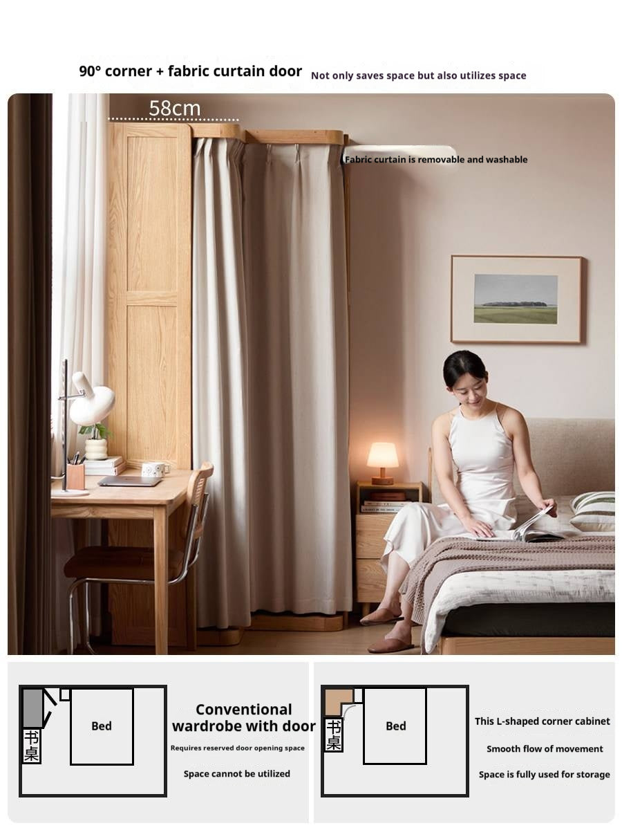 Oak Solid Wood Corner Wardrobe with Removable and Washable Fabric Curtain