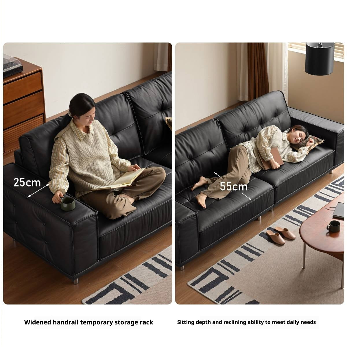 Genuine Leather Medieval Style Black tofu block Sofa