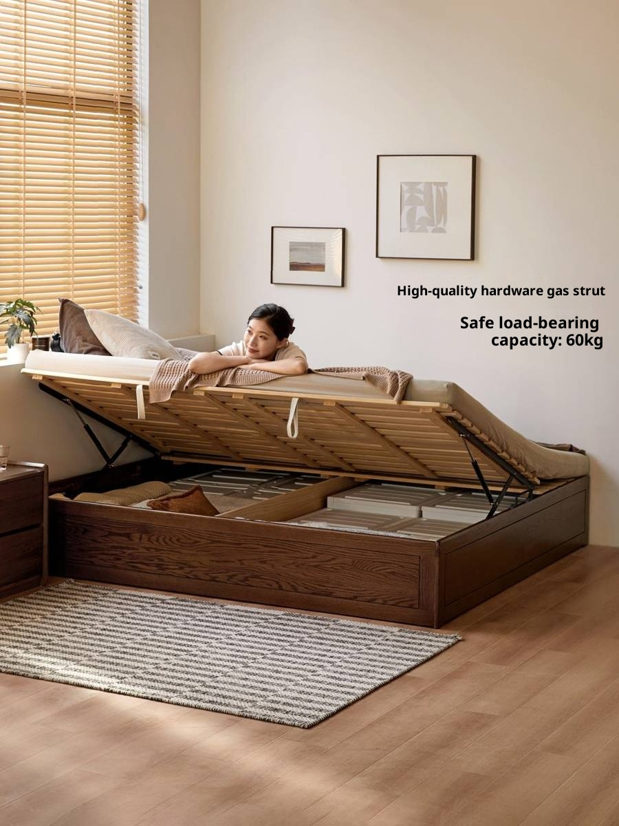 Oak, Rubberwood Solid Wood Platform Box Bed, Headboard-Free Bed Modern Minimalist