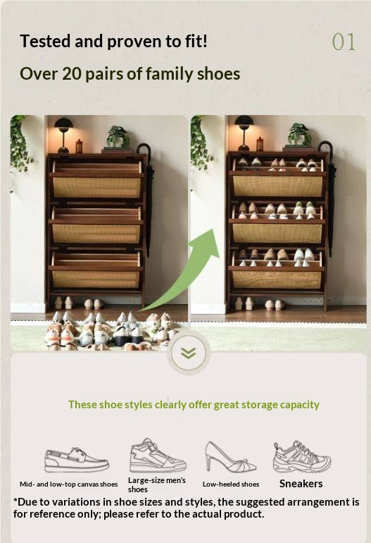 Oak Solid Wood Slim Entryway Shoe Cabinet with Rattan Flip-Down Doors