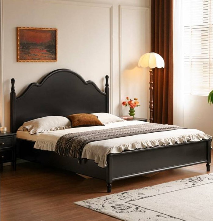 Rubberwood Solid Wood Bed American Retro Black Style