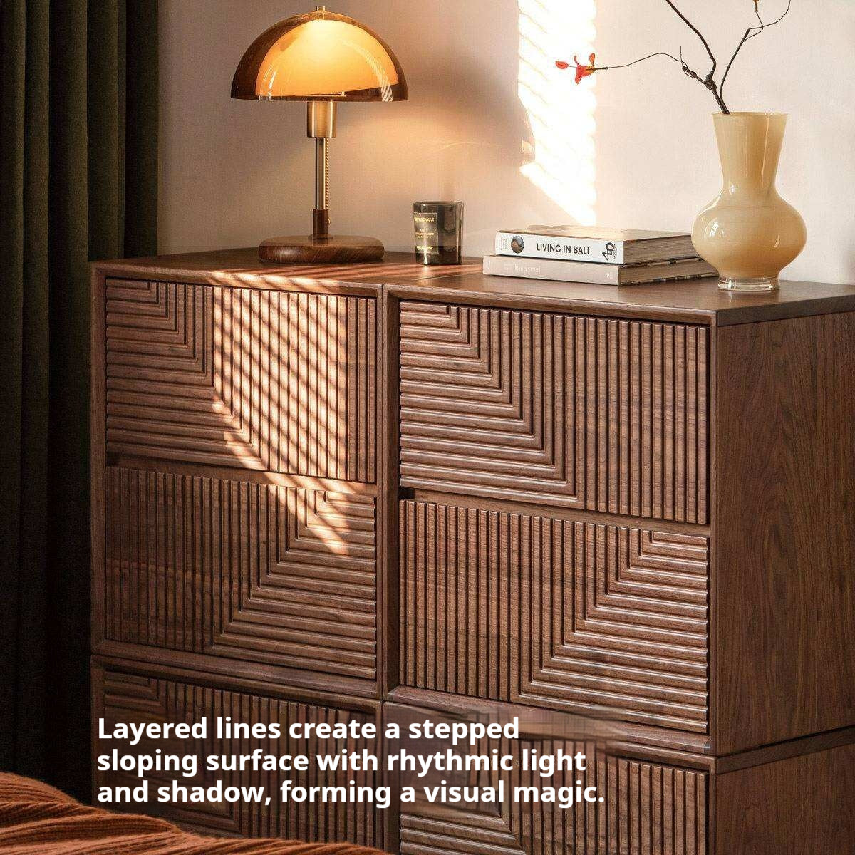 Black Walnut Solid Wood Modular Storage Cabinet, Mid Century Dresser with Geometric Front Design