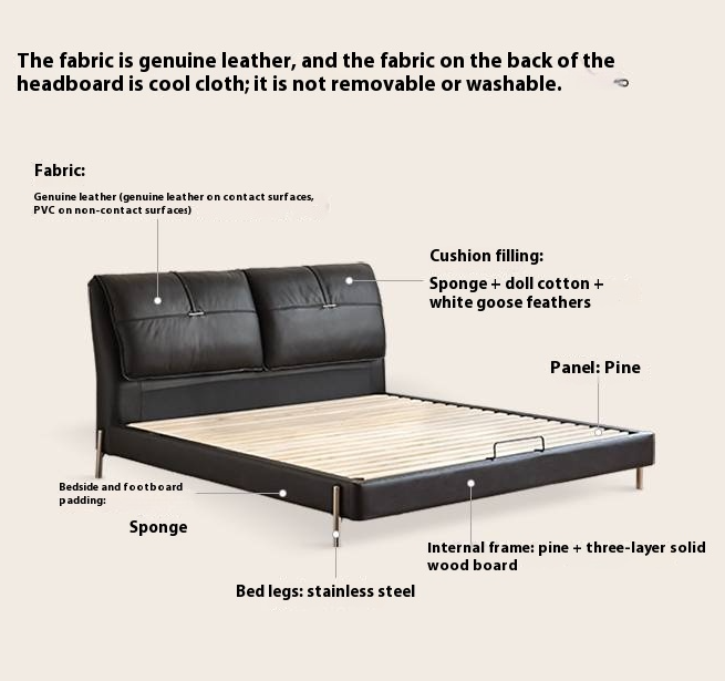 Genuine Leather Italian Light Luxury Black Bed