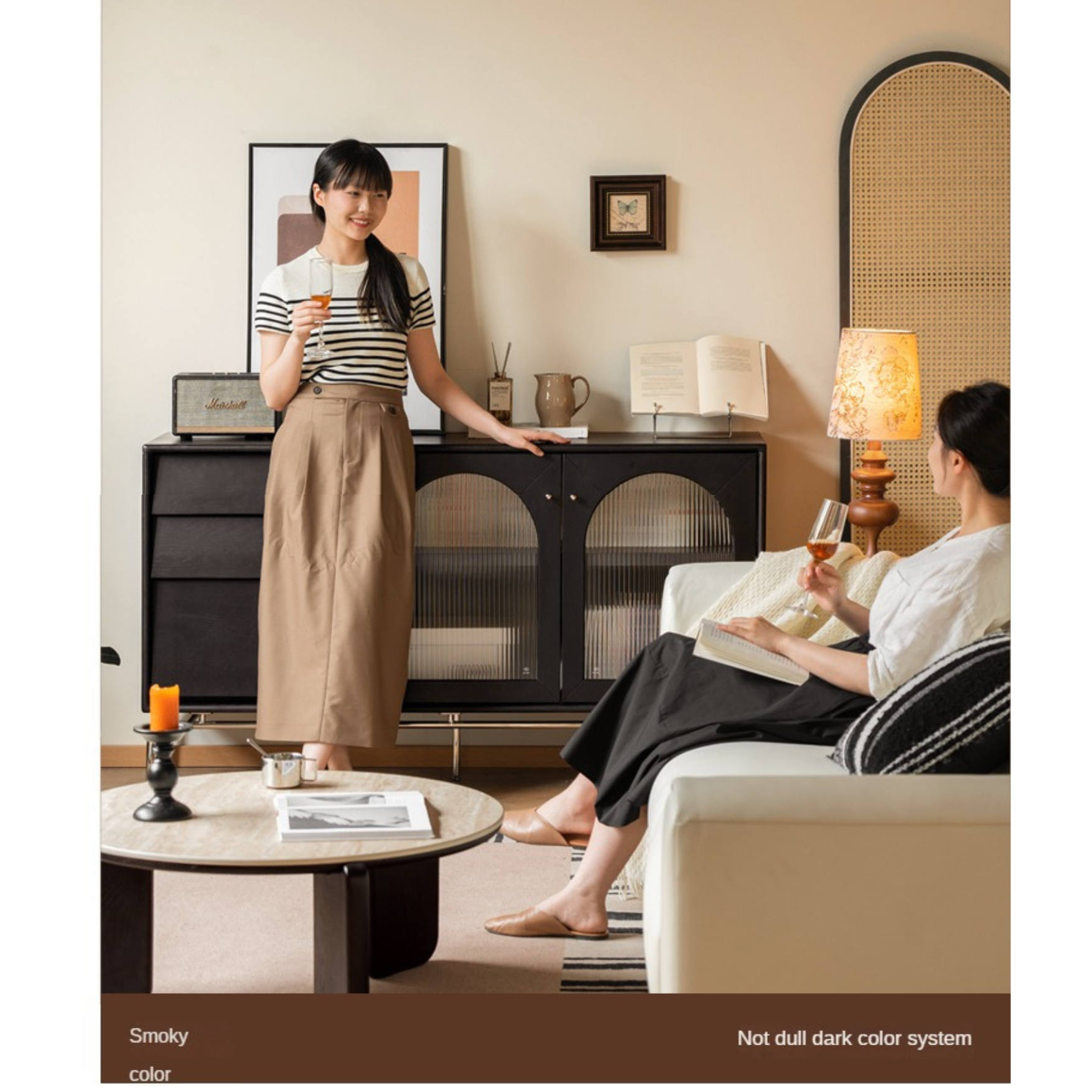 Solid Rubberwood French Retro Sideboard Black Glass