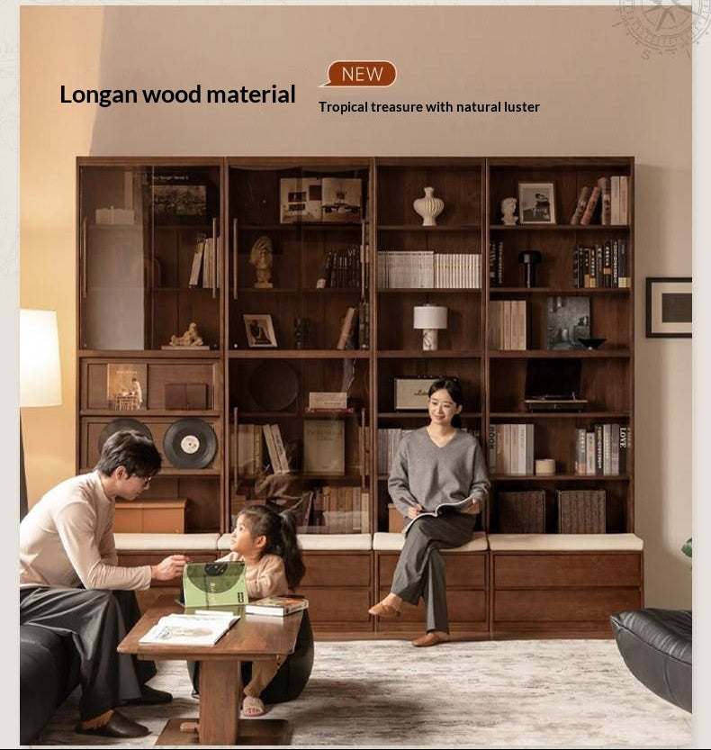 Solid Longan Hardwood, Ash Solid Wood Bookcase with Floor-to-Deck and Wall-Mounted Display Cabinet