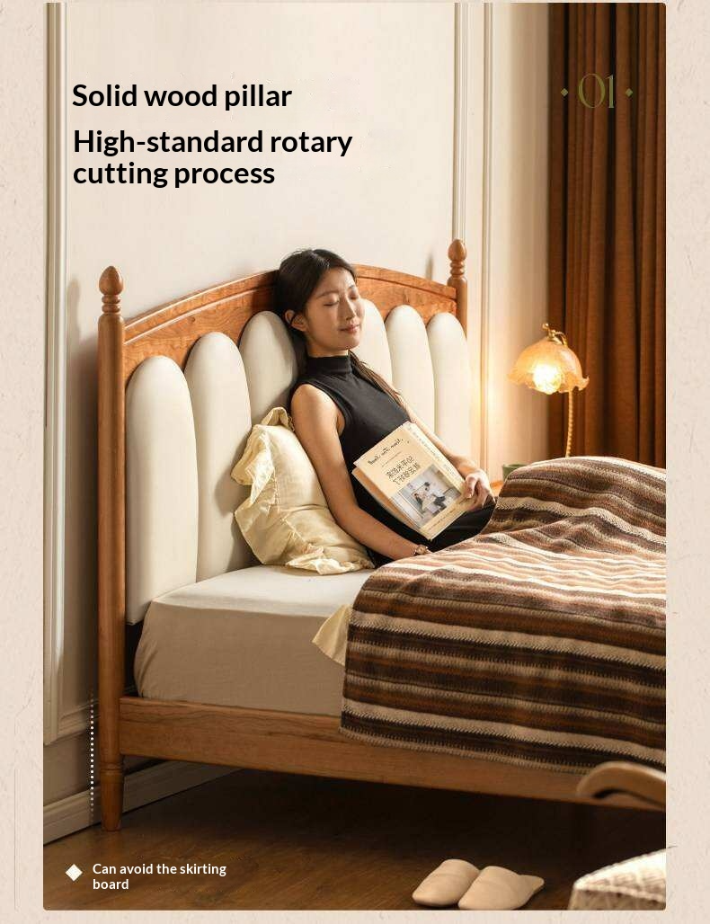 Cherry Solid Wood Genuine Leather, Velvet French-Inspired Scalloped Headboard Bed