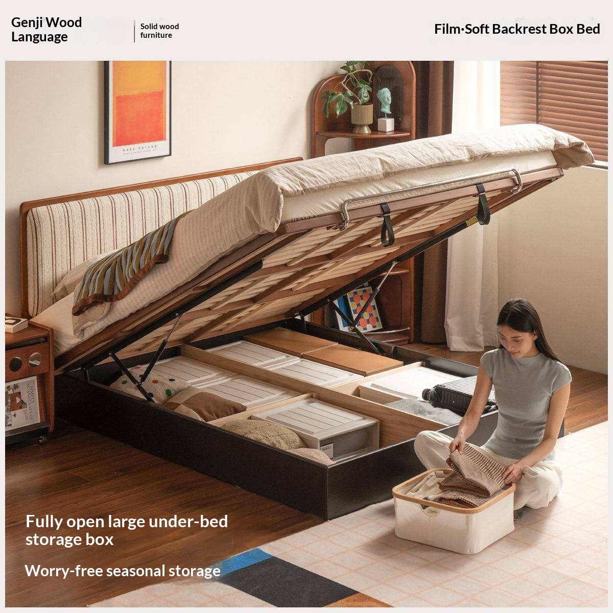 Poplar Solid Wood Channel Tufted Platform Bed with Gas Lift Storage