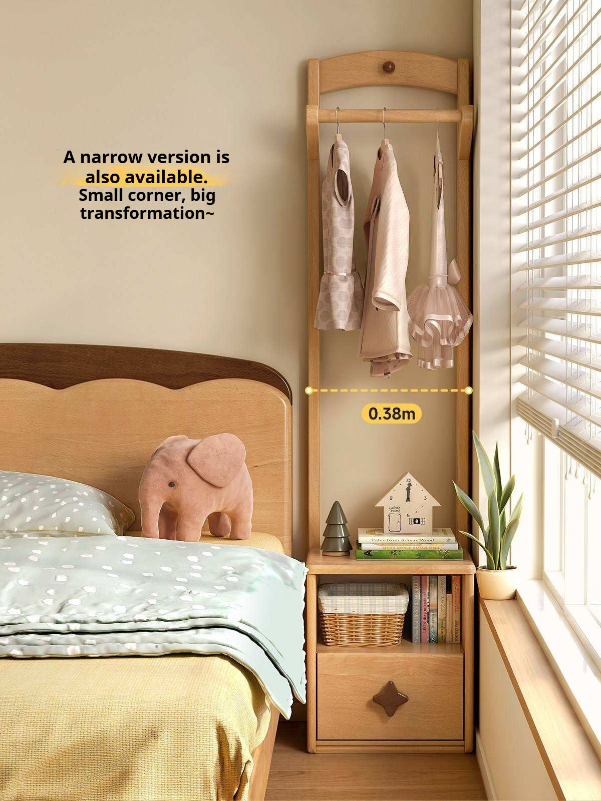 Beech, Tulipwood Solid Wood, Solid RubberWood Kids Nightstand With Clothes Rack