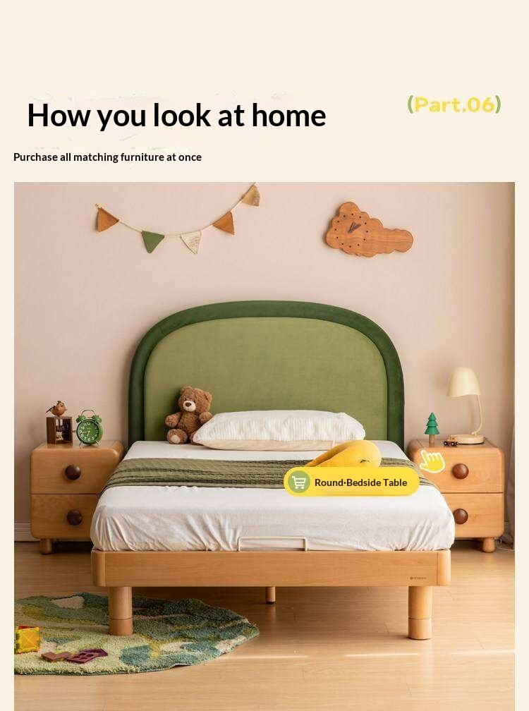 Beech solid wood Kids Bed with Round Headboard and Adjustable Height Legs
