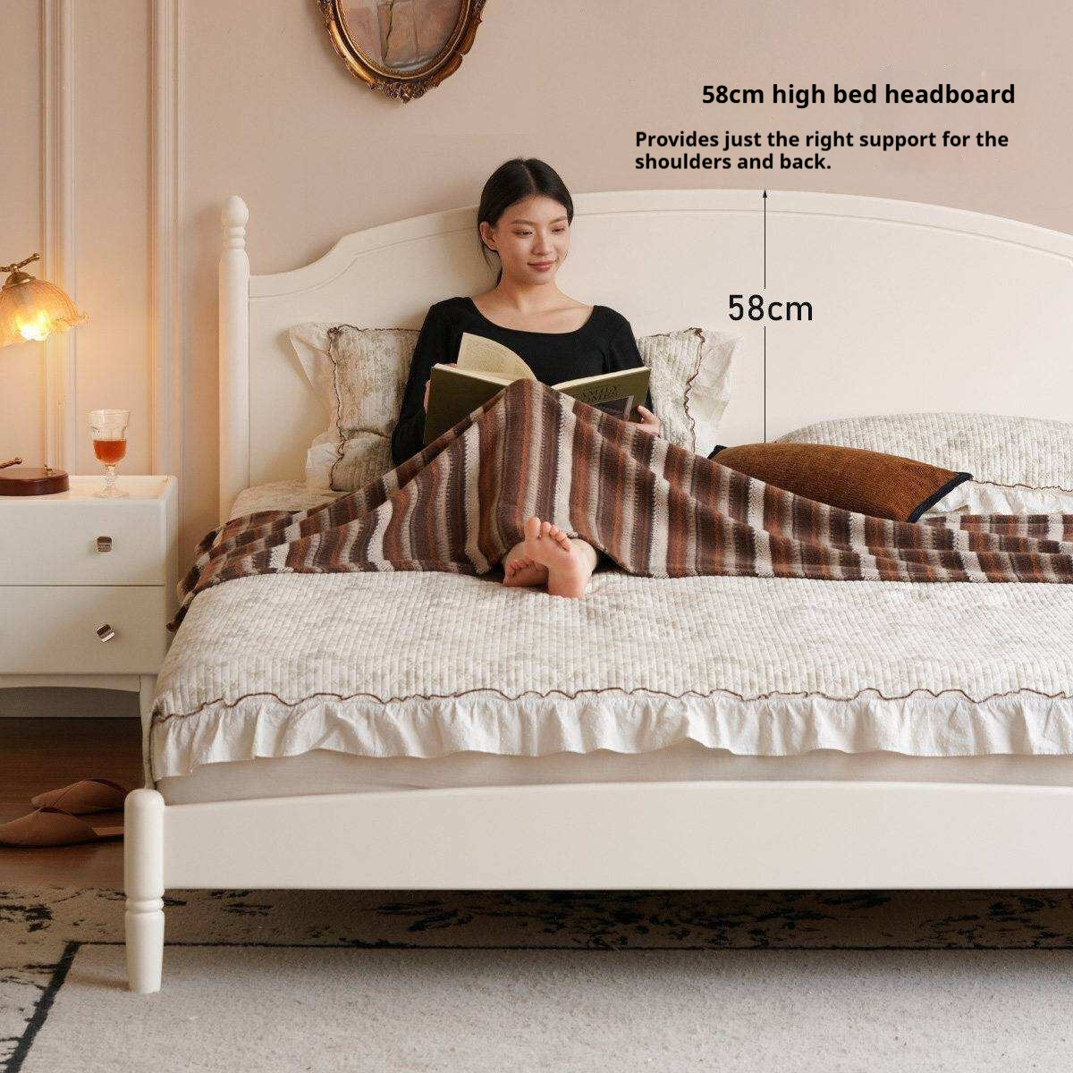 Rubberwood Solid Wood French Style Bed with White Curved Headboard and Elegant Retro Frame