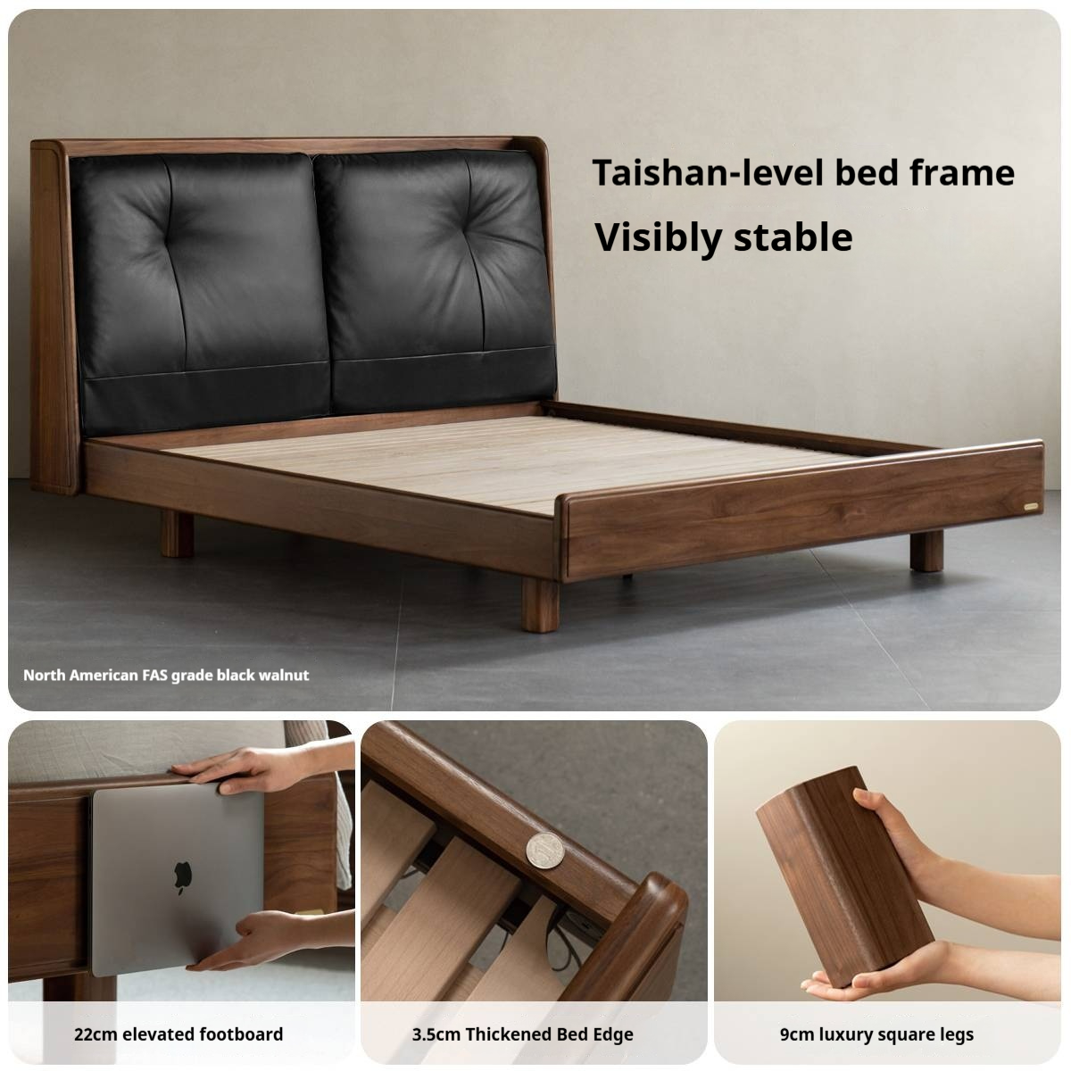 Black Walnut Solid Wood Italian Light Luxury Genuine Leather Soft Bed