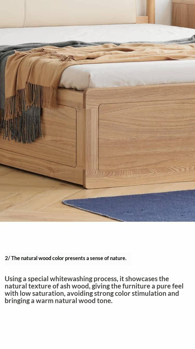 Ash Solid Wood Floor Bed — Modern Minimalist, High Box Design with Genuine Leather
