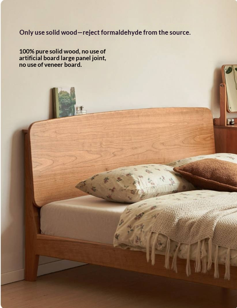 Cherry Solid Wood Bed — Retro Simple Luminous Bed with Charging and Storage