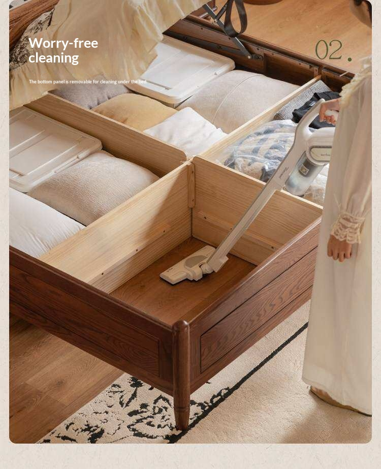 Oak Solid Wood Box Bed with Upholstered Vertical Channel Tufted Arched Headboard