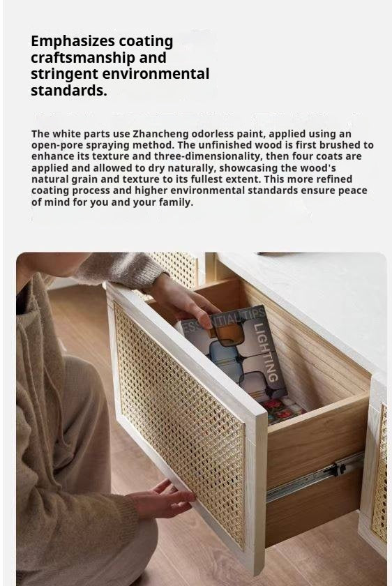 Ash Solid Wood Rattan TV Cabinet Cream Style LED Lights.