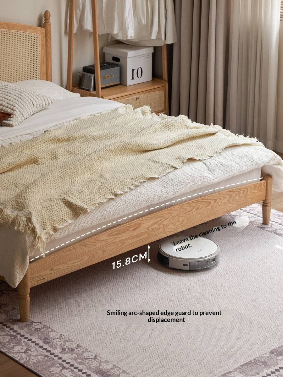Oak Solid Wood Bed — Light Retro Style with Rattan Design