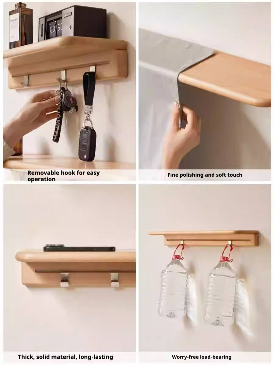 Beech Solid Wood Wall Shelf With Hooks