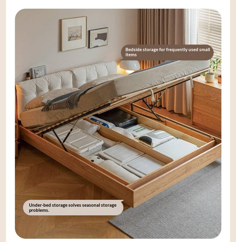 Oak Solid Wood with Upholstered Headboard Luminous Box Bed Cream Style