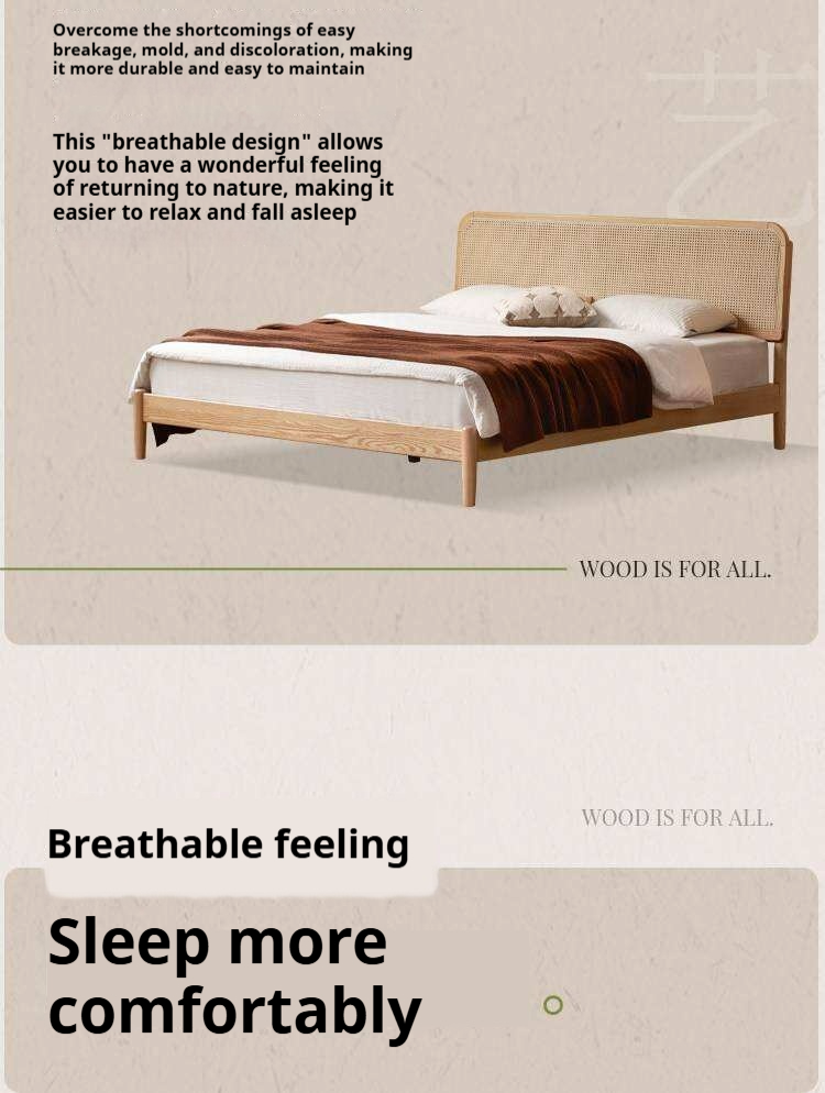 Oak Solid Wood Platform Bed with Curved Rattan Headboard