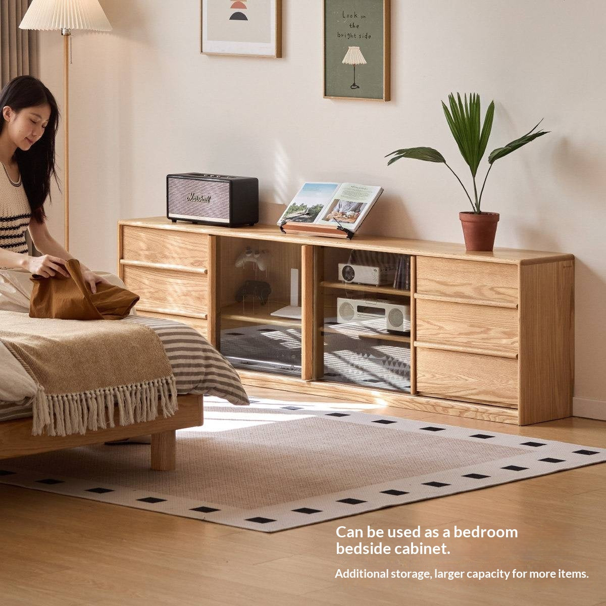 Oak Solid Wood TV Stand with Sliding Glass Doors and Drawers