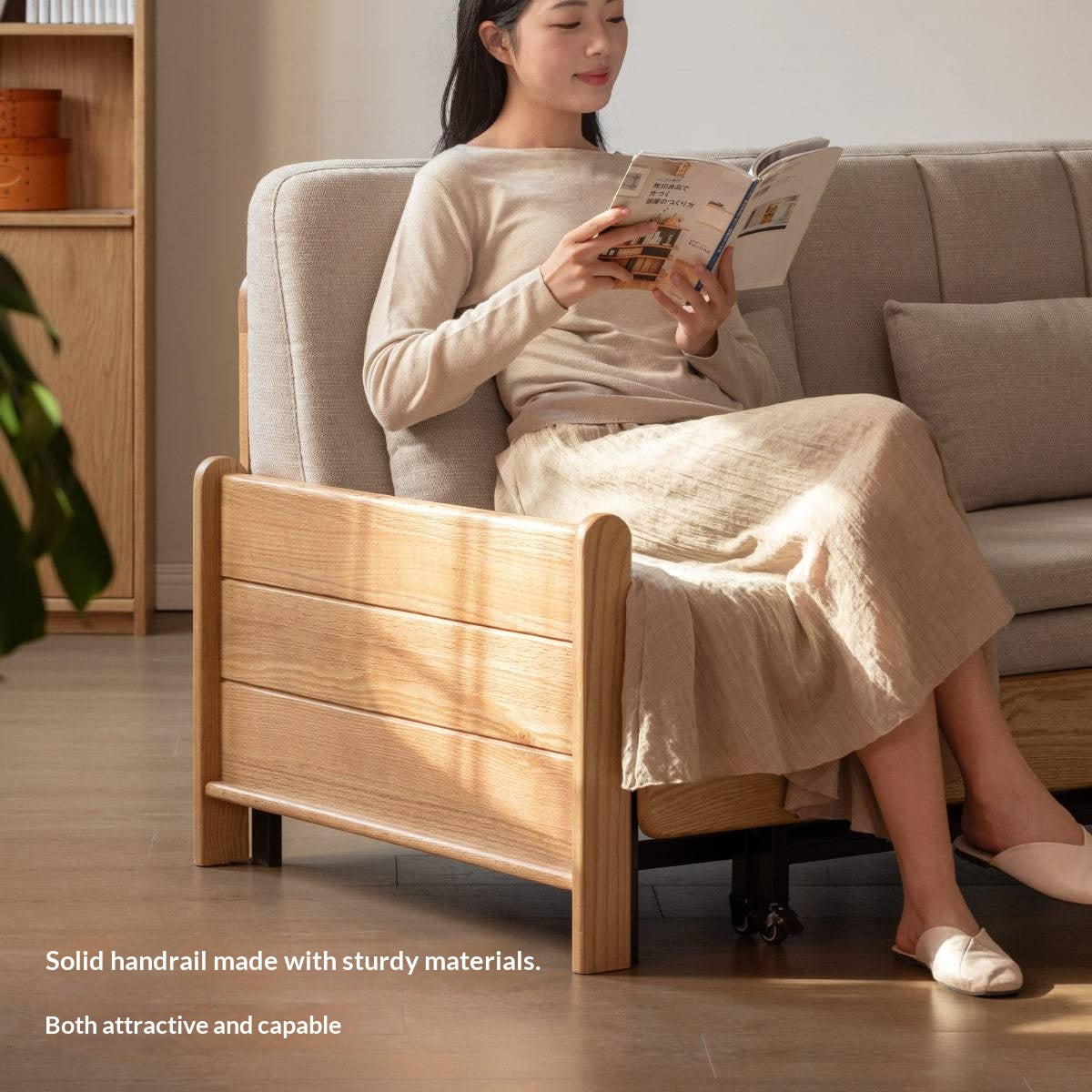 Ash, Oak Solid Wood Sleeper Sofa with Solid Wood Armrests and Built-In Wheels