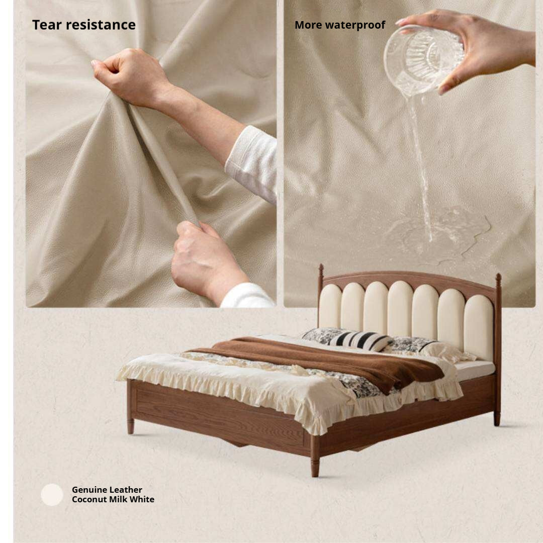 Oak Solid Wood Box Bed with Upholstered Vertical Channel Tufted Arched Headboard