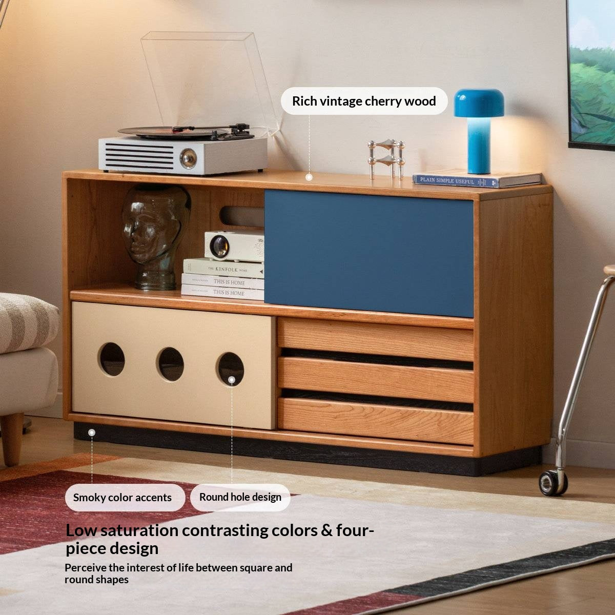 Cherry Solid Wood Vintage TV Stand with Wall-Mounted Tall Cabinet Design