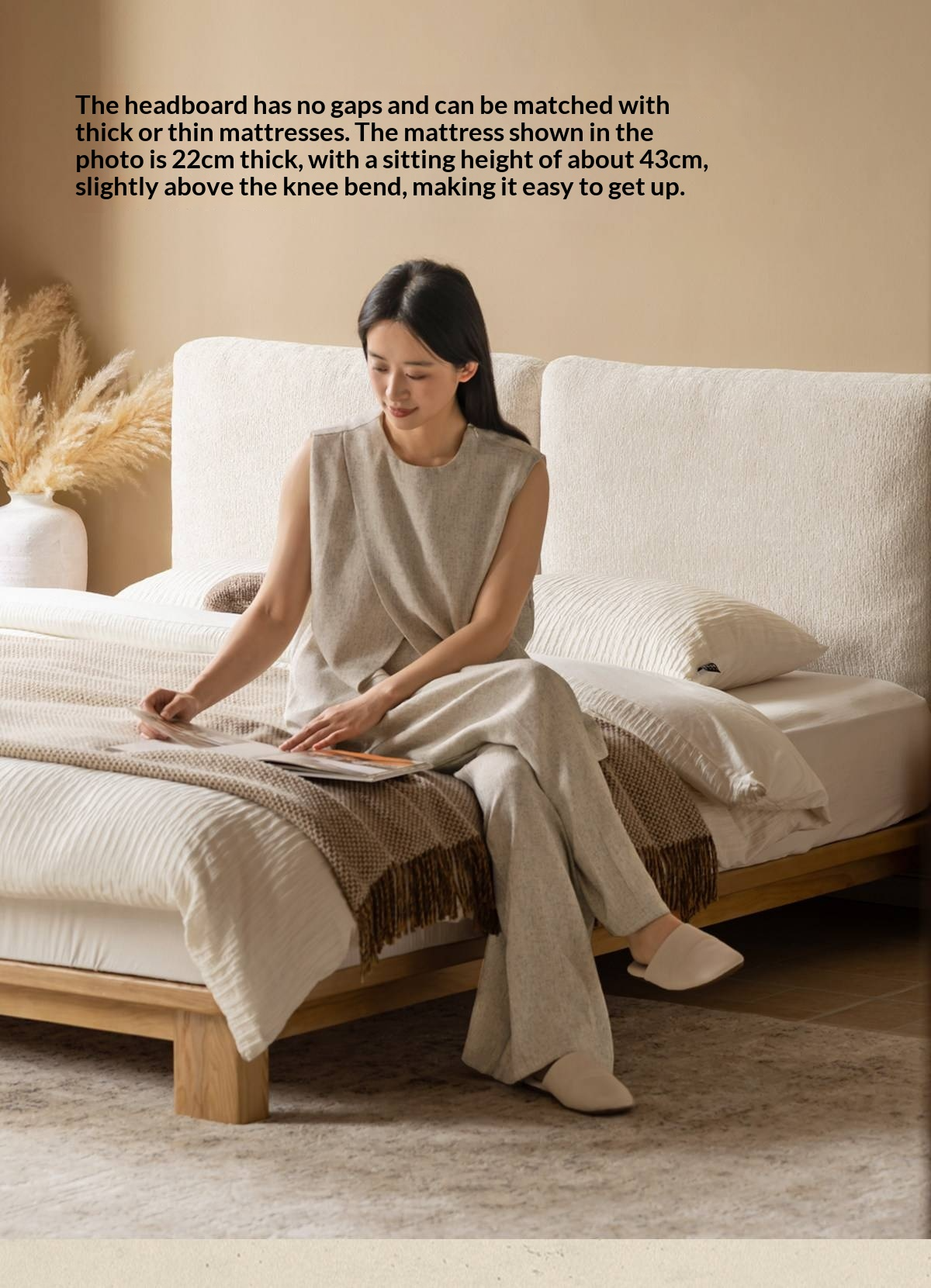 Ash Solid Wood Platform Bed with Split Panel Upholstered Headboard