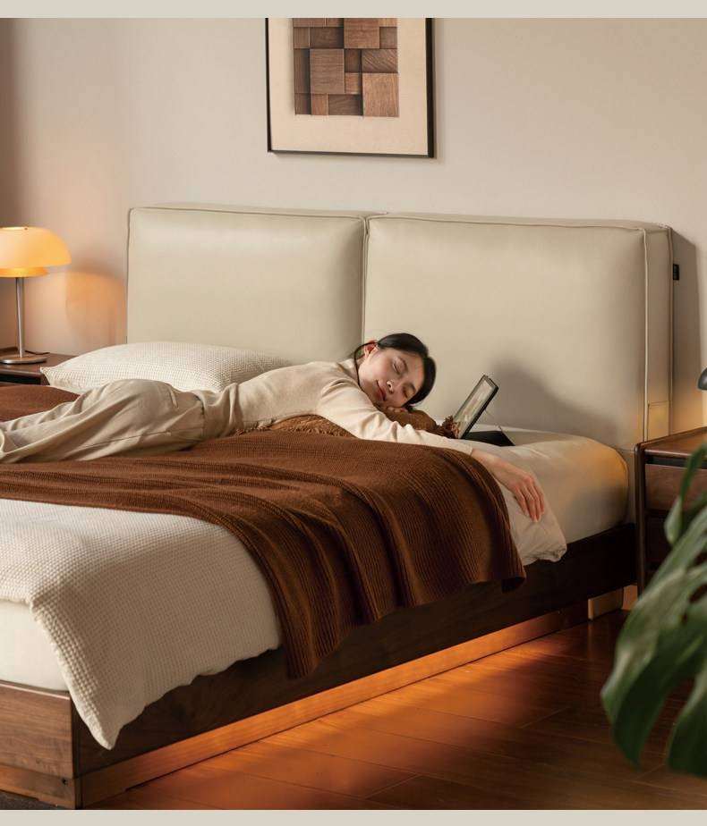 Black Walnut Solid Wood Box Bed — Italian Light Luxury, Genuine Leather Upholstered Headboard