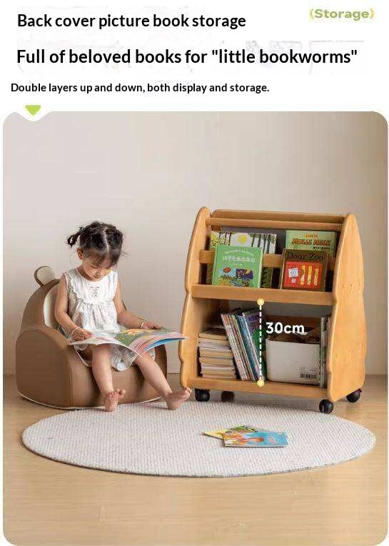 Beech, Poplar Solid Wood Movable Kids Bookshelf with Wheels, Multifunctional Storage