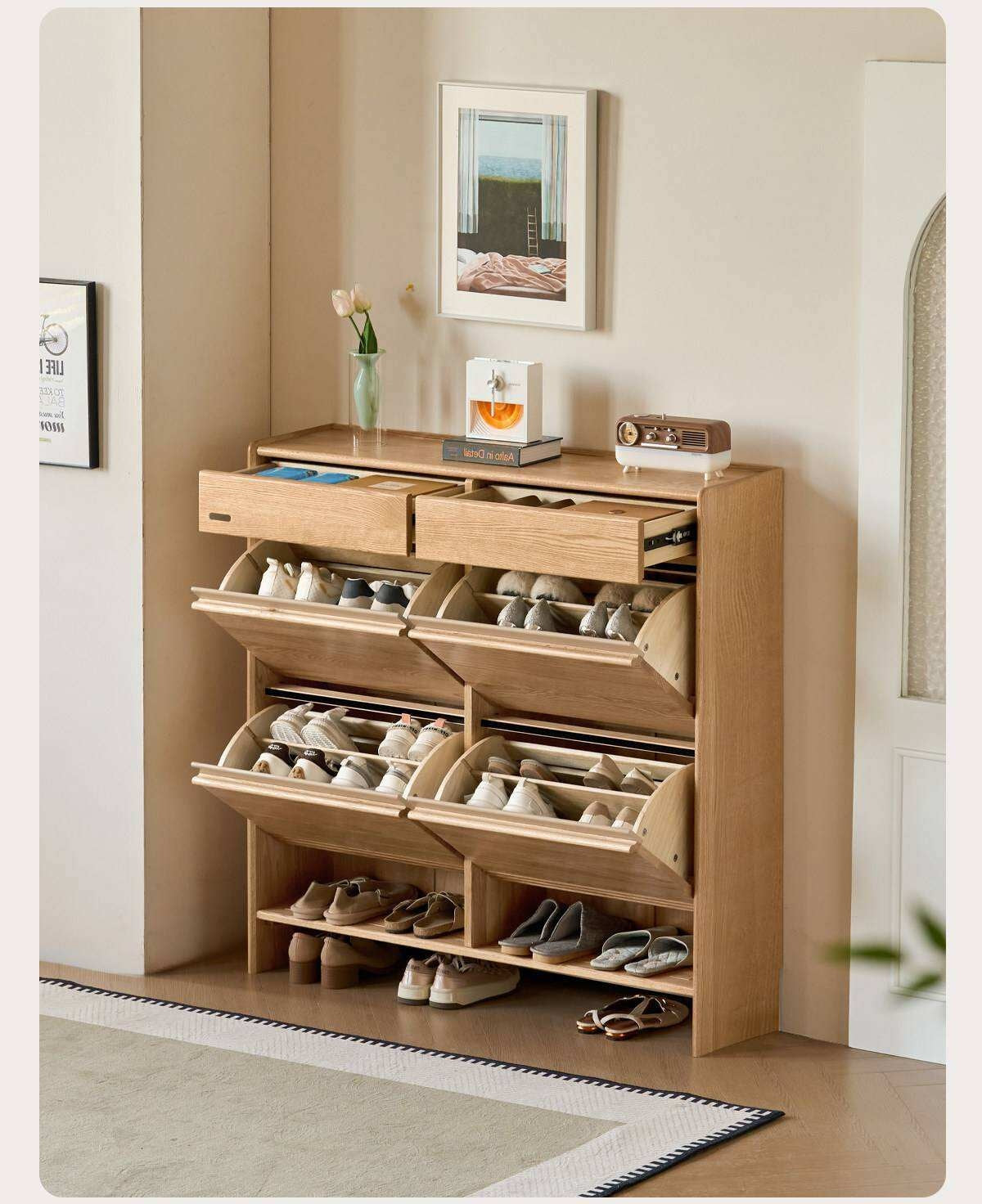 Oak Solid Wood Slim Entryway Shoe Cabinet with Tilt-Out Compartments and Drawers