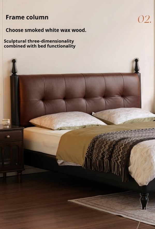 Luxury Genuine Leather Soft Backrest Bed, American Retro Style