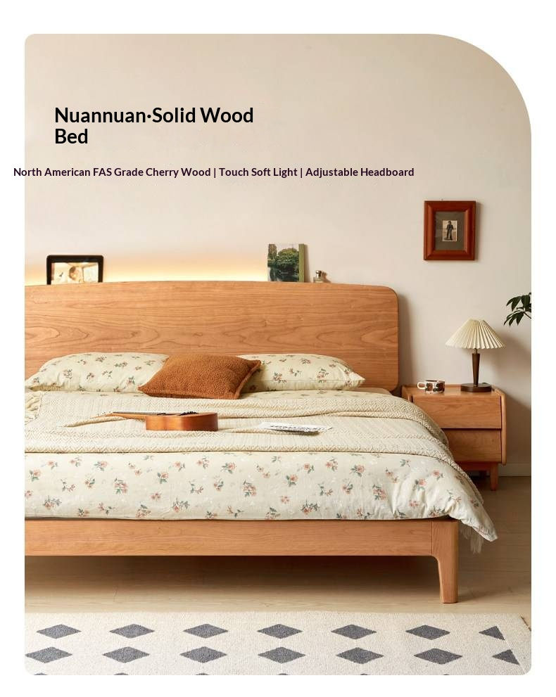 Cherry Solid Wood Bed — Retro Simple Luminous Bed with Charging and Storage
