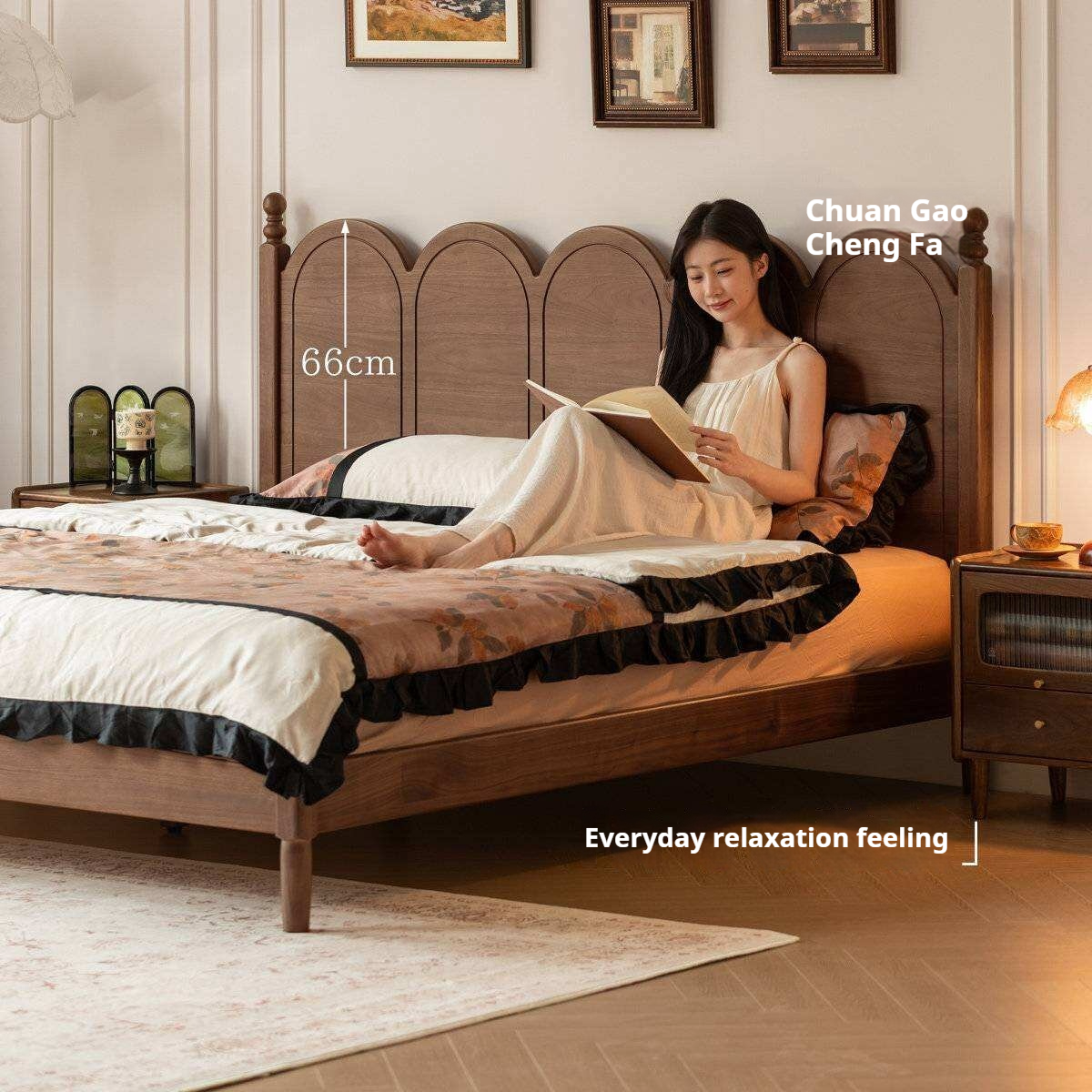 Black Walnut Solid Wood French Country Arched Platform Bed with Turned Posts