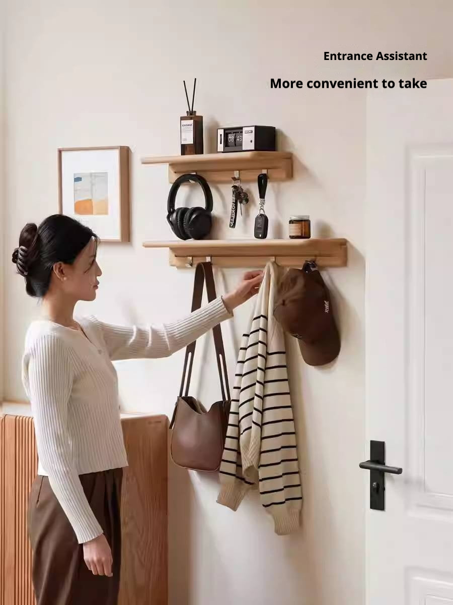 Beech Solid Wood Wall Shelf With Hooks