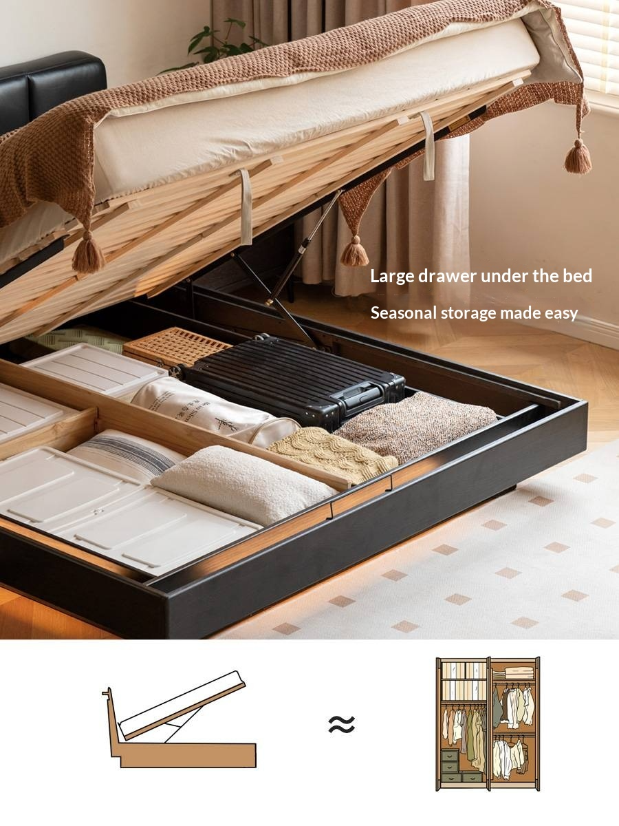 Oak Solid Wood Genuine Leather Upholstered Box Bed Retro Black Floating Bed