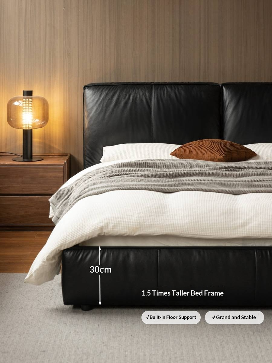 Genuine Leather Upholstered Bed — Black Large Bed, Italian Light Luxury Design