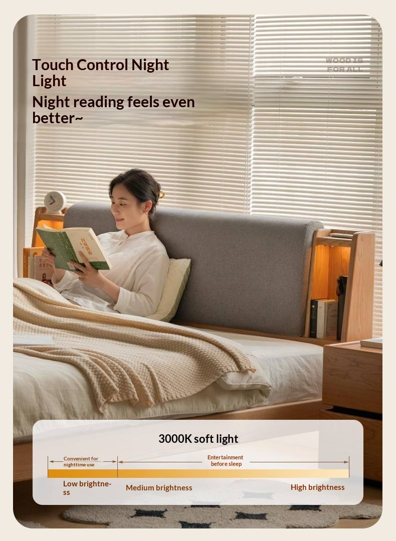 Oak Solid Wood Bed with Genuine Leather and Light Upholstery