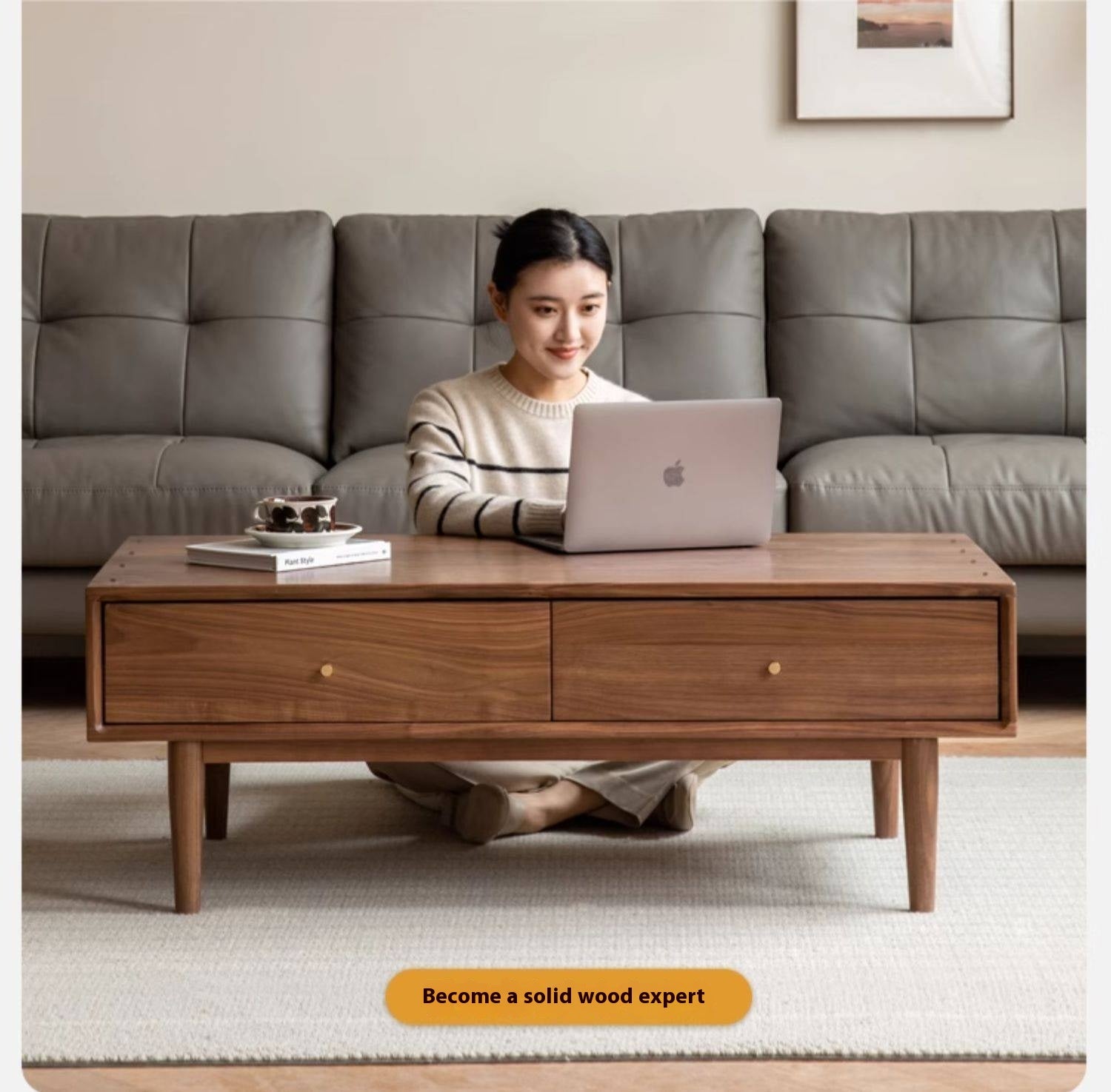Golden Sandalwood, Black Walnut Solid Wood Rock Plate Tea Table