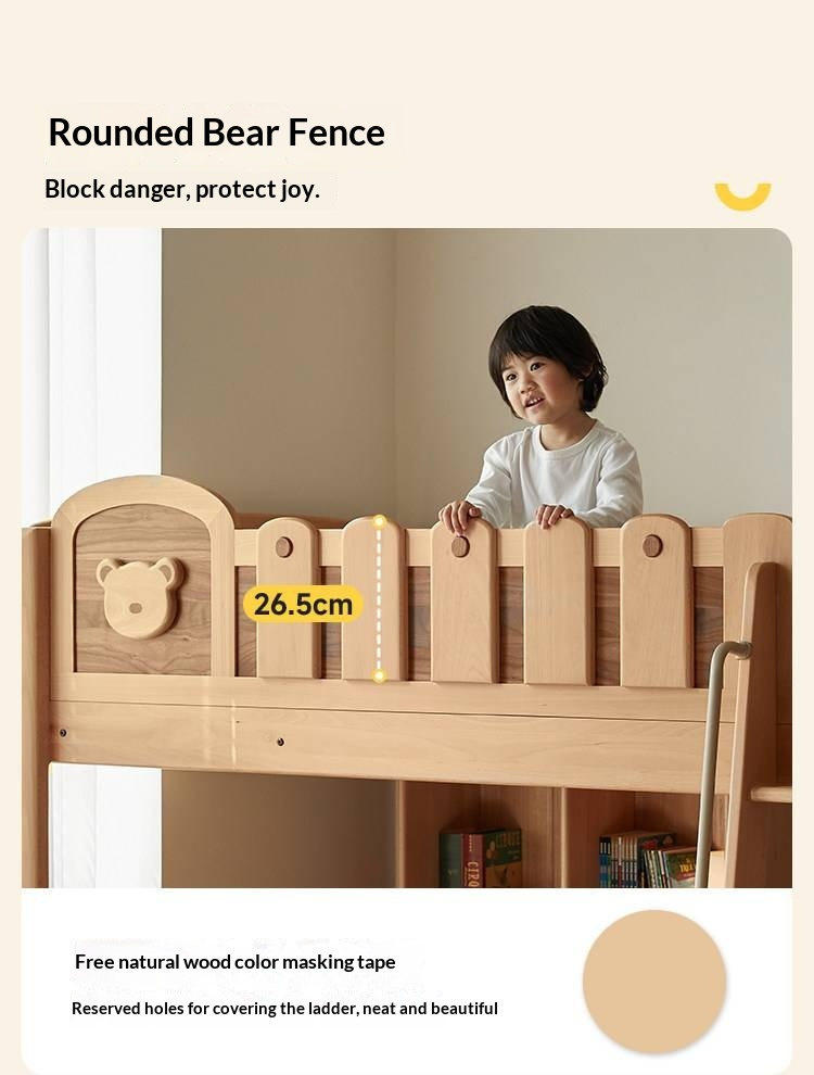 Beech Solid Wood L-Shaped Bunk Bed with Bookshelf Headboard and Detachable Guardrail